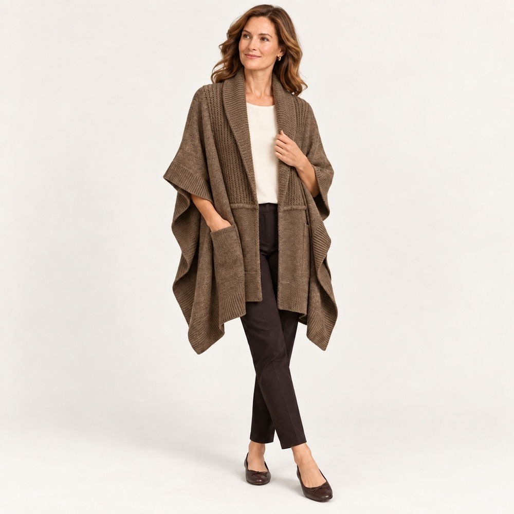 Talbots Brown Wool Blend Shawl Collar Poncho Sweater One Size Pockets